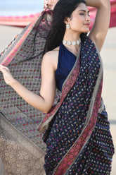 'Meher' Blue Pure Resham Cotton Alfi Booti Tillfi Border Banarasi Handloom Saree